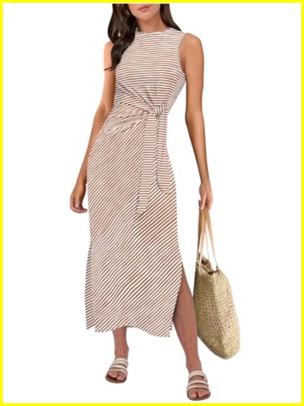 Womens Sleeveless Midi Dress Tie Waist Split Tank Summer Casual